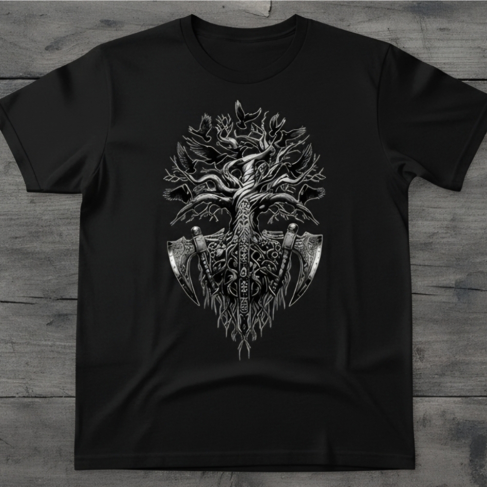 Viking Yggdrasil Tree Shirt • Norse Raven Axe Tee • Nordic Warrior Graphic - Picture 4 of 13